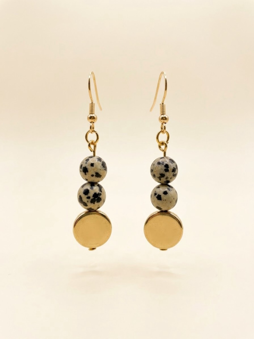 Gold Disc and Dalmatian Jasper Bead Drop Earrings - Women Jewelry